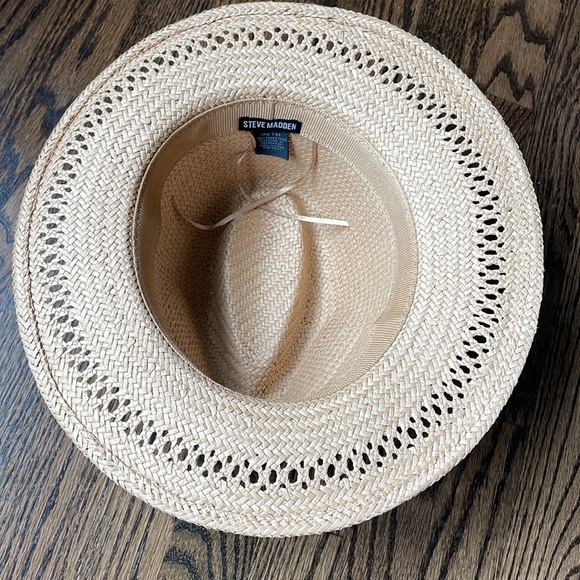 Steve Madden Natural Straw Blue Bandana Bow Fedora Sun Hat - Picture 3 of 4